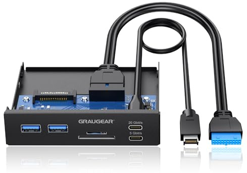 GRAUGEAR 3,5 Zoll PC Frontpanel m. SD Kartenleser und USB HUB [6 in 1] 20G | PC Gehäuse Frontpanel mit 2 x Kartenleser & 4-Port HUB, USB C 20Gbps für USB C Stick, Front Desktop PC Case, SD Card Reader