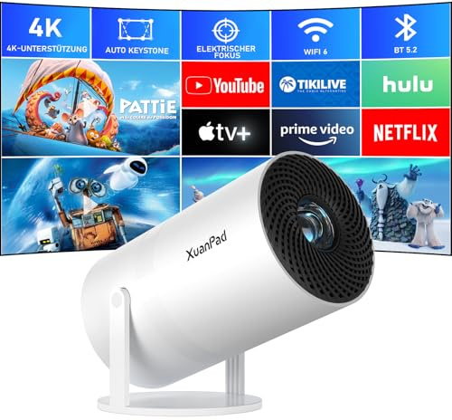 [Kompatibel mit Netflix & Elektrischer Fokus] 14000L Mini Beamer mit WiFi & Bluetooth 1080p Projektor mit 210° drehbarer Stand, Automatische Trapezkorrektur, Staubfilter &Wärmeableitungssystem