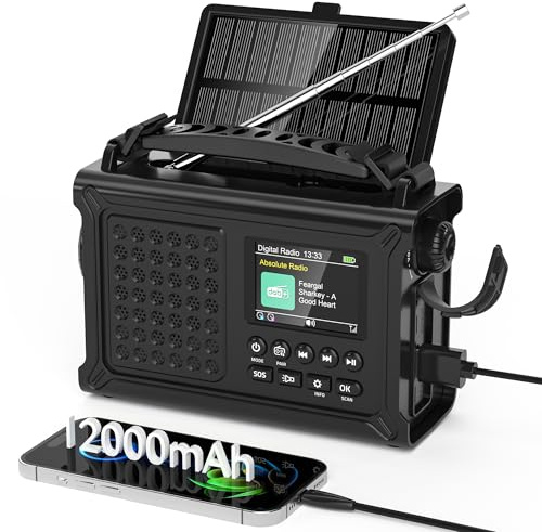 Kurbelradio DAB/UKW, Tragbare Solar Notfallradio mit 12000mAh Wiederaufladbare Powerbank, 2,4 großes Farbdisplay, LED Taschenlampe & Leselicht, DAB+ Baustellenradio mit Bluetooth & SOS für Wandern
