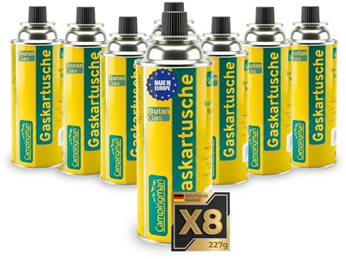 Campingman Gaskartuschen 227g MSF-1A im 8er Pack – Butangas Kartusche mit Ventil für Campingkocher, Grill, Unkrautbrenner & Gasgeräte, Campinggas, Gasflaschen