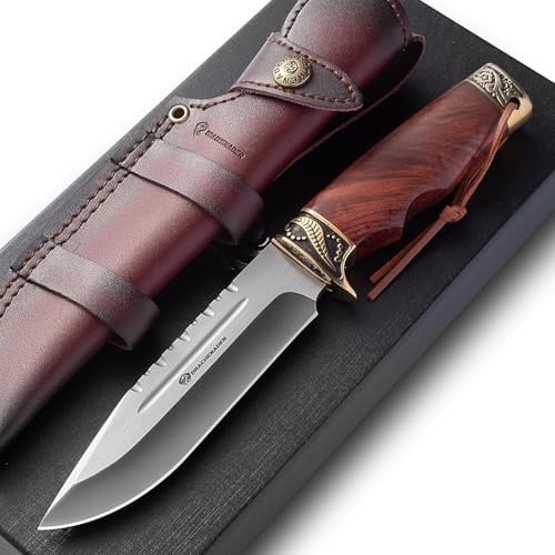 DRACHENADER Jagdmesser Feststehende Klinge YU-LN, 14, 7cm Klingenlänge Gürtelmesser mit Lederscheide, 5Cr14MoV Stahl, Holzgriff, Outdoor-Messer Survival für Camping (A- 5Cr14MoV Stahl Klinge)