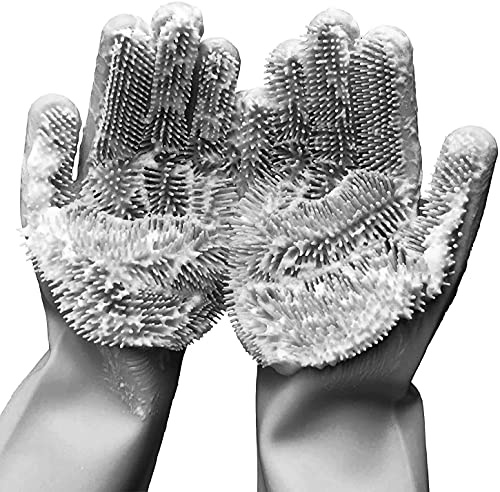 Wiederverwendbare Silikon-Geschirrspülhandschuhe, Gummi-Scheuerhandschuhe für Geschirr, Reinigungsbürste mit Schwamm, für Hausarbeit, Küche, Auto, Fensterreinigung. 1 Paar (34,5 cm groß) (Grau)