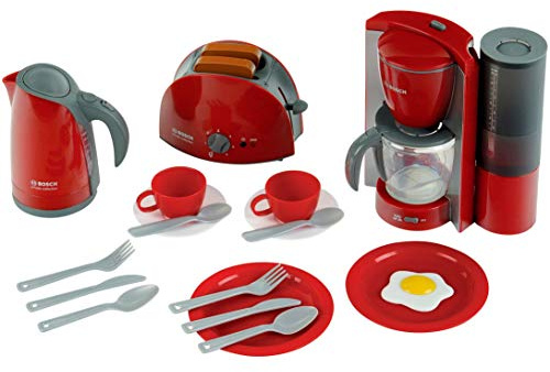 Bosch Theo Klein 9564 Frühstücksset | Küchen-Set bestehend aus Toaster, Kaffeemaschine, Wasserkocher und vielem mehr | Verpackungsmaße: 44,5 cm x 13 cm x 34 cm | Spielzeug für Kinder ab 3 Jahren