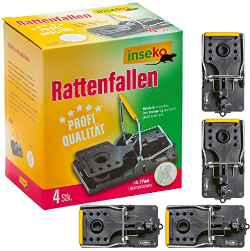 inseko 4X Profi-Rattenfalle – Kunststoff/Metall - Wiederverwendbare Schlagfalle – inkl. Handschuhe