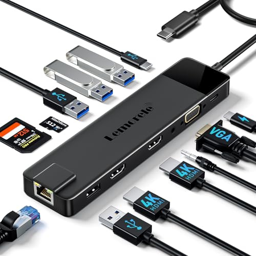 Docking Station USB C Hub 3 Display-2026 Upgrade mit Dual 4K HDMI, VGA, 1000M Ethernet, 4 USBA 3.0/2.0, 100W PD, SD/TF, AUX 3.5mm Multiport Adapter für Windows/Mac/Dell/HP und mehr Typ C Geräten