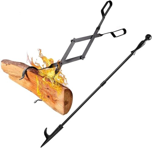 Amagabeli Kaminzange, 66 cm, mit Griffen, robuste Feuerzange für den Innenbereich, Holzofen, Schmiedeeisen, Zange für Feuerholz, Feuerholz, Feuerzeug, Werkzeug