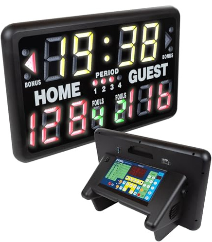 Perel Digitales LED Multisport-Scoreboard mit Sporttimer und Stoppuhr, Tischmodell oder freistehend, geeignet für Indoor- und Outdoor-Nutzung unter Überdachung, für Training, Wettkämpfe und Turniere