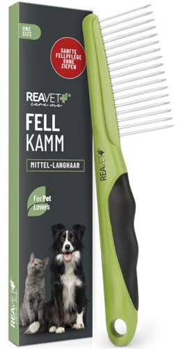 ReaVET Hundekamm & Katzenkamm für Mittel- Langhaar I Entfernt Knoten & Entwirrt das Fell I Fellkamm für die tägliche Fellpflege I Kamm für Hunde, Katzen mit abgerundeten Edelstahl-Zinken