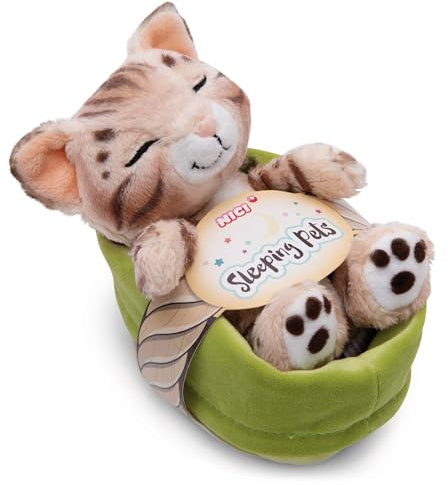 Kuscheltier Katze Bengal 12cm schlafend im hellgrünen Körbchen - Stofftier aus weichem Plüsch, niedliches Plüschtier zum Kuscheln und Spielen, für Kinder & Erwachsene - tolle Geschenkidee