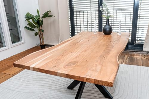 Linele Baumkantentisch 160x85x77cm – Tischplatte 3,6 cm – Massivholz Esstisch aus Akazienholz mit Spider-Gestell,echte Baumkante,naturfarben – Handgefertigt & robust – inkl. Lieferung an den Wunschort