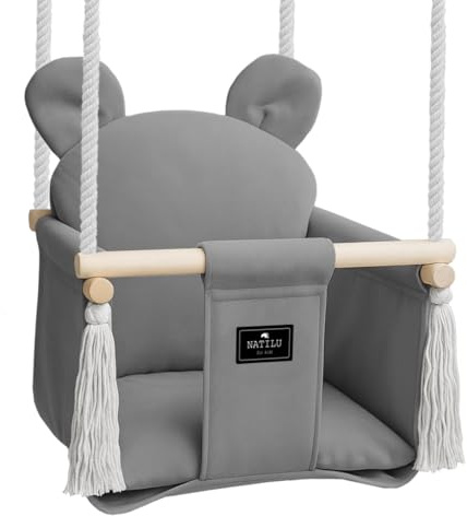 NATILU® Babyschaukel Set Indoor Outdoor | Bär Grey Velvet | Schaukel | Kinderschaukel | Kindergartenschaukel | Kleinkindschaukel | Holzschaukel | Schaukelsitz | Swing ab 6M+ für Zuhause, Garten