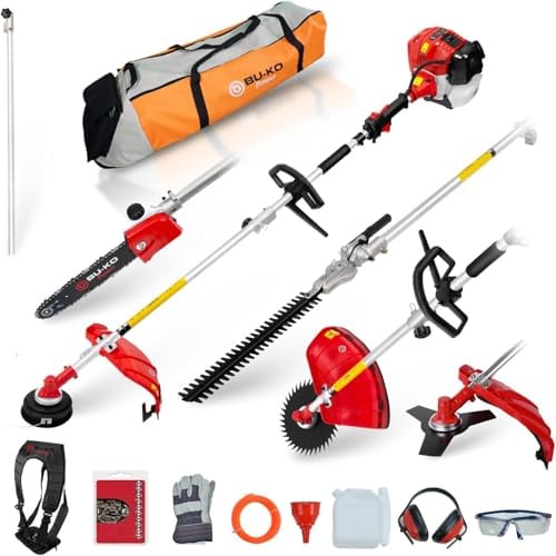 BU-KO 52cc Motorsense Gartengerät mit großer Reichweite | Strimmer und Freischneider ausziehbare Heckenschere Kettensäge Rasentrimmer 3x 75cm Verlängerungsstangen