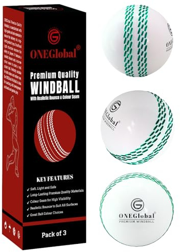 ONEGlobal Premium Windball, weicher Cricketball, langlebig und sicher, Farbnaht, echtes Springen und Schwingen | Windball für Outdoor- und Indoor-Übungen, Coaching, Garten- und Strandspiele (3-weiß)
