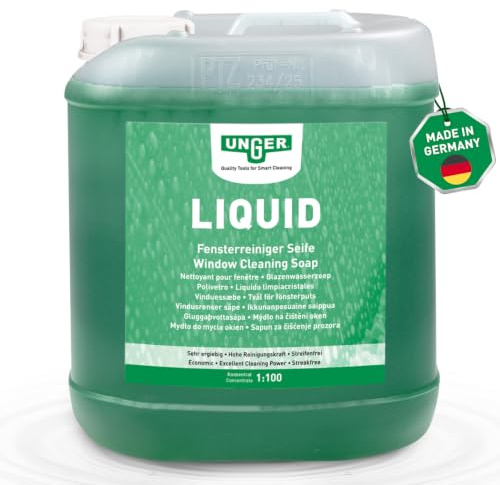 UNGER's Liquid Glasreiniger Konzentrat 5L – Profi Fensterreiniger 1:100 | Kanister Großgebinde für Fenster, Glas & Spiegel – streifenfrei & ergiebig, pH-neutrale Glasreinigungsseife, Made in Germany