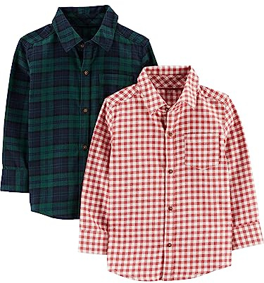 Simple Joys by Carter's Langärmliges Webhemd, 2er Pack Button-Down-Shirt, Grün Karo/Rot Vichy Karo Karo, 5-6 Jahre