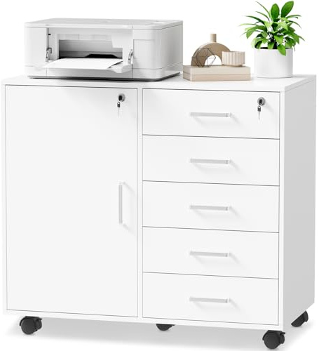 BEWISHOME Rollcontainer Schreibtisch mit 5 Schubladen, Aktenschrank Abschließbar mit 5 Rollen, 1 Schrankfach, Abschließbarer Büro Schrank mit Verstellbaren Einlegeböden, 78x40x65,5 cm, Weiß, EBWG01W