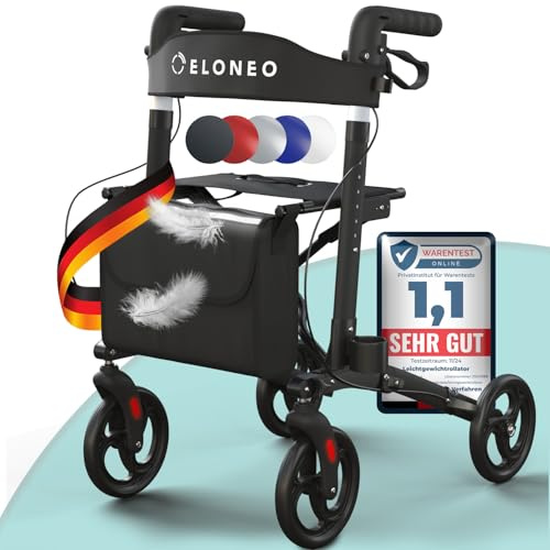 ELONEO Rollator faltbar und leicht mit Sitz, Leichtgewicht-Reiserollator aus Aluminium, Gehhilfe 8-fach höhenverstellbar, Laufhilfe 3-fach faltbar für Kofferraum, Tasche & Schirmhalter Schwarz