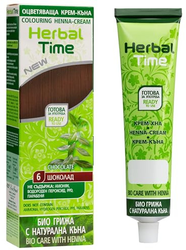 Herbal Time Henna Natürliches Farbcreme Für Haare Braun Schokolade No 6 | Graue Haarabdeckung | Braun Schokolade | Pflanzenhaarfarbe | Ohne Ammoniak, Ohne Sulfate und Ohne Parabene | 75 ml