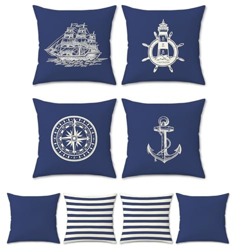 Bonhause 4er Set Kissenbezüge Nautisch Maritim 45 x 45 cm Doppelseitig Anker Segelboot Kompass Polyester Leinen Dekorative Kissenhülle Zierkissenbezüge für Sofa Wohnzimmer Zuhause Dekoration