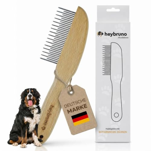 heybruno Hundekamm Langhaar mit drehbaren Zinken aus Metall - Profi Fellpflege Kamm mit Holzgriff für Große Hunde & Unterwolle - schmerzfreies Entwirren & Knoten lösen - 31 rotierende Zähne