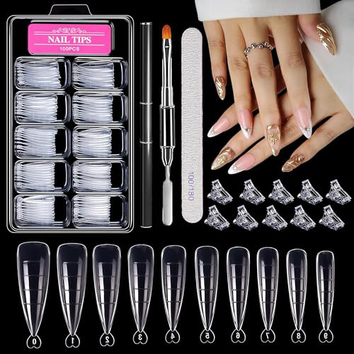 Esshogo Dual Formen Für Nägel, 100 Stücke Dual Nail Forms Set, Stiletto Tips Für Nägel, Nail Tips, Nagel Verlängerung, Mit Dual-Ended Nagel Pinsel, 10 Nagelspitzenclips Und Nagelfeile