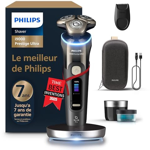 Philips elektrischer Rasierer i9000 Prestige Ultra für Herren, Nass- und Trockenrasur, schwarz, Druck- und Bewegungssensor, Trimmeraufsatz, Reinigungsstation, Ladestation und Reiseetui (XP9405/31)
