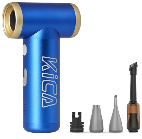 Kica JetFan 2S Kit Elektrische Staubgebläse für PC, Auto, Büro– Blau | Elektrischer Air Duster mit Metallgehäuse, 117.000 U/min, stufenlose Steuerung & Turbomodus, 4 Düsen, 3,5 Std. Akkulaufzeit
