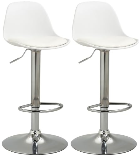 HOMCOM Barhocker 2er Set Gepolstert Höhenverstellbar mit Lehne Weiß | Stahlgestell, Kunstleder, Fußstütze, 360° Drehbar, Barstuhl, Küchenstühle, Tresenhocker, für Küche, Wohnzimmer, Esszimmer