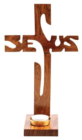 NKlaus Standkreuz Jesus aus lackiertem Holz, Höhe 29cm | Das Stehkreuz ist für ein Teelicht mit Ø 4-4,5cm gestaltet