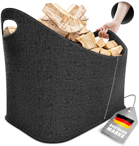 Xcelenze - XXL Holzkorb für Kaminholz Filzkorb extra dicker Filz & verstärkte Griffe | Filztasche faltbar auch als Einkaufskorb Auto & Aufbewahrungskorb für Holz Zeitungen (Dunkelgrau)