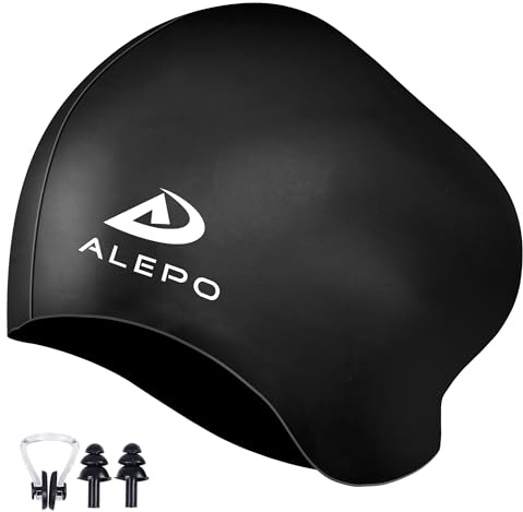 Alepo Badekappe Damen Lange Haare, Hochelastische Dicke Silikon Schwimmkappe Damen Herren Unisex Erwachsene, Badehaube Bademütze mit Ohrstöpseln Nasenclip, Halten Sie Ihr Haar Trocken