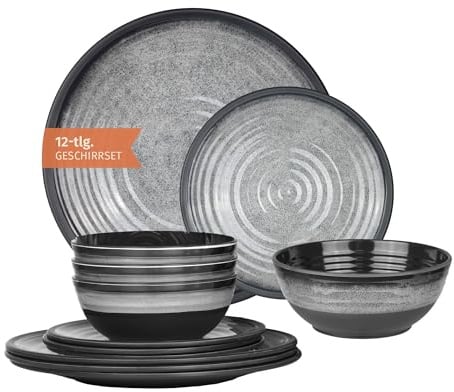 Camping Tafelgeschirr aus Melamin für 4 Personen 12-teilig | spülmaschinenfest | Picknick Geschirrset | Geschirr Campinggeschirr I Stone Grey Design
