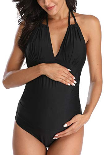 EastElegant Umstands-Badeanzüge, Einteiler, V-Ausschnitt, Schwangerschafts-Bademode, Neckholder, Umstands-Bikini, Schwarz, XL