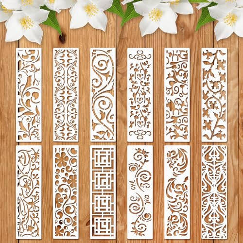 12 Schablonen zum Malen, wiederverwendbare Bordürenblatt-Schablone, Möbel-, Kuchen- und Heimdekorationsschablonen für Holz, Wand, DIY, Kunst und Handwerk