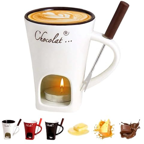Schokofondue Tasse, 2025 Neu Fondue Tasse mit Gabel Schmelztopf für Weihnachtsplätzchen, Mehrzweck Chocolate Fondue Set für Käse, Schokolade, Butter und Karamell, Geschenke für Mama (Beige)