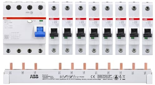 ABB FI-Set F204A 40A 30mA mit 8 LS-Schaltern und Sammelschiene | Enthält: 1× F204A-40/0,03 FI, 8× S201-B16 LS-Schalter und 1× PS3/12+FI kürzbare Sammelschiene