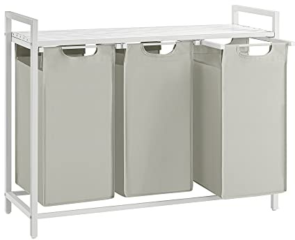 VASAGLE Wäschekorb mit Ablage, 3 x 40 L, Metallrahmen, 92,5 x 33 x 72 cm | Wäschesammler, Wäschebox, Wäschesack aus Oxford-Gewebe, abnehmbar, cremeweiß-mattweiß, BRENTA Kollektion BLH301W01