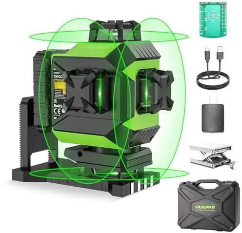 Huepar 4 x 360 Kreuzlinienlaser Selbstnivellierend, laserwasserwaage grün | Professionelle 16 linienlaser für Fliesen und Decken, Pulsmodus, wiederaufladbarer, Magnethalterung, Hartschalenkoffer 704CG