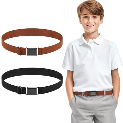 TIESOME 2 Stück verstellbare elastische Kindergürtel, Stretch Taillengürtel schwarze Metall-Quadratschnalle für Hosen(Schwarz+Braun)