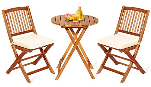RELAX4LIFE 3-teiliges Outdoor-Möbelset, Sitzganitur Akazienholz, Balkonset: 1 Tisch und 2 Stühle, Gartenmöbel klappbar, inkl. 2 Sitzkissen mit Bindeschnur, Kissenbezüge abnehmbar, Garten Terrasse Park