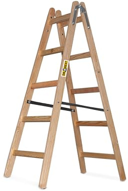 DRABEST - Holzleiter - für Malerarbeiten - 2X 5 Sprossen - m lang - bis 150 kg - Arbeitshöhe 1,53m 3 m - Klappbar - Tritt-, Bock-, Stehleiter - Beidseitig Begehbar, Imprägniert - mit Eimerhaken