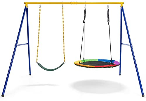 COSTWAY Doppelschaukel mit Gestell, Outdoor Schaukel für Kinder, Schaukelgestell mit Kinderschaukel und Nestschaukel, Schaukelgerüst bis 300 kg belastbar (2 Schaukel mit Gestell)