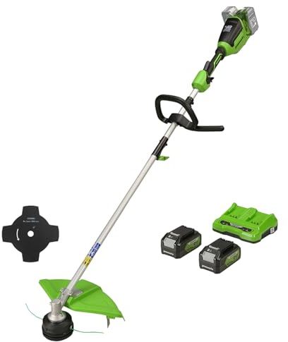 Greenworks GD24X2TXK4X Akku Rasentrimmer für kleine bis mittelgroße Gärten, 40 cm Schnittbreite, Stoßvorschub, 2 mm Doppelfaden aus Nylon, zwei 24V 4Ah Akkus & Doppel-Ladegerät, 3 Jahre Garantie