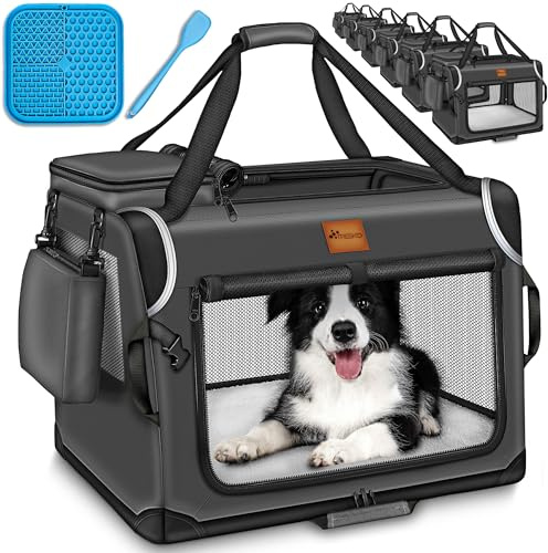 TRESKO® Hundebox faltbar mit Leckmatte, Spatel & Reflektoren XXL 92x63x63cm | Transportbox für Hunde und Katzen | Hundetransportbox Auto für kleine & große Hunde | Hundetasche für Zuhause robust