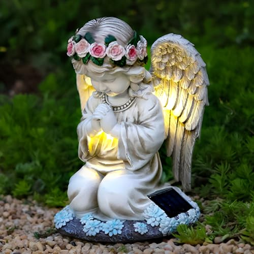 Tuzsocr Betender Solar Engel Gartenstatue, LED, 20,5cm, Grabschmuck, Stil 1 | LED-Licht leuchtet automatisch bei Dunkelheit, wetterfest für Friedhof, Garten und Terrasse