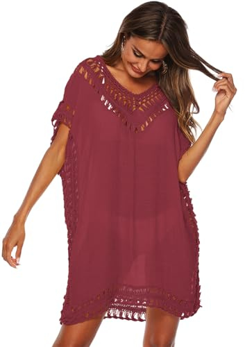 KANDEMY Damen Sommer Bikini Cover Up V-Ausschnitt Strand Poncho Strandkleid mit Cutout Crochet Badeanzug Sommer Kleider für Urlaub