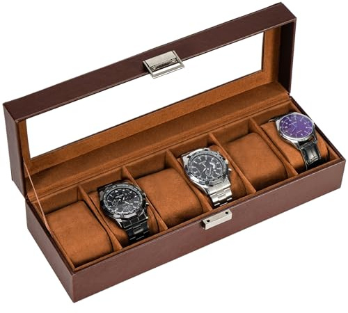 ProCase Uhrenbox mit 6 Fächern, Uhrenkasten mit Glasdeckel, Uhrenkoffer mit Uhrenkissen, Uhrenaufbewahrung, Premium-Uhrenschatulle, PU-Leder Uhrenkasten, Watch Box für Herren - 6 Fächer, Braun