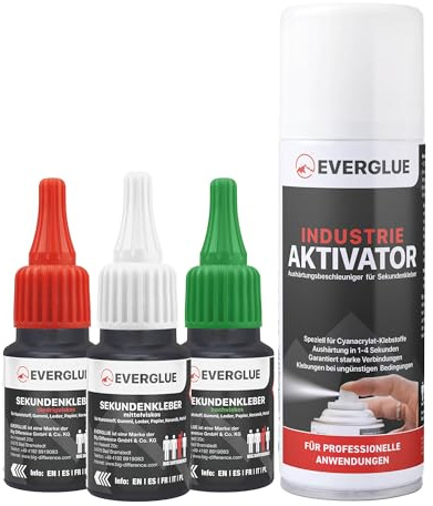 EVERGLUE Sekundenkleber dünn + mittel + dick à 20g + Aktivator 200ml - Industriekleber extra stark für die universelle Reparatur und Instandsetzung in Hobby Beruf und Haushalt