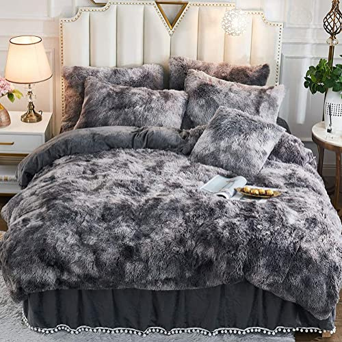 Michorinee Plüsch Bettwäsche 155x220 Winter Flauschig Warme Bettbezug Fleece Flausch Langhaar Kunstfell Tie Dye Gedruckt Grau Plüschbettwäsche Set mit Reißverschluss - 155 x 220 cm + 80 x 80 cm