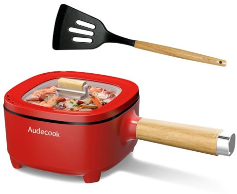 Audecook Elektrischer Hot Pot, 2L/20cm Antihaft Elektropfanne mit Keramikglasur, Tragbarer Multikocher für Ramen, Steak, Ei, Haferflocken, Suppe, 350W/800W (Standard Rot, 2 Liter)